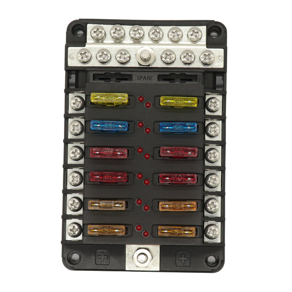Audio fuse 12 Circuits Fuse Box Holder with LED Indicator Damp-Proof Protection Cover and Label Sticker for 12V/24V Auto Car Truck Boat Marine and Yacht